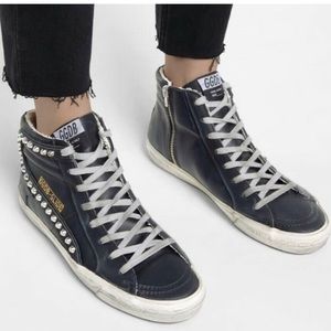 Authentic GOLDEN GOOSE SLIDE SLIDES High Top Sneakers BLACK & STUDS Size 40 10
